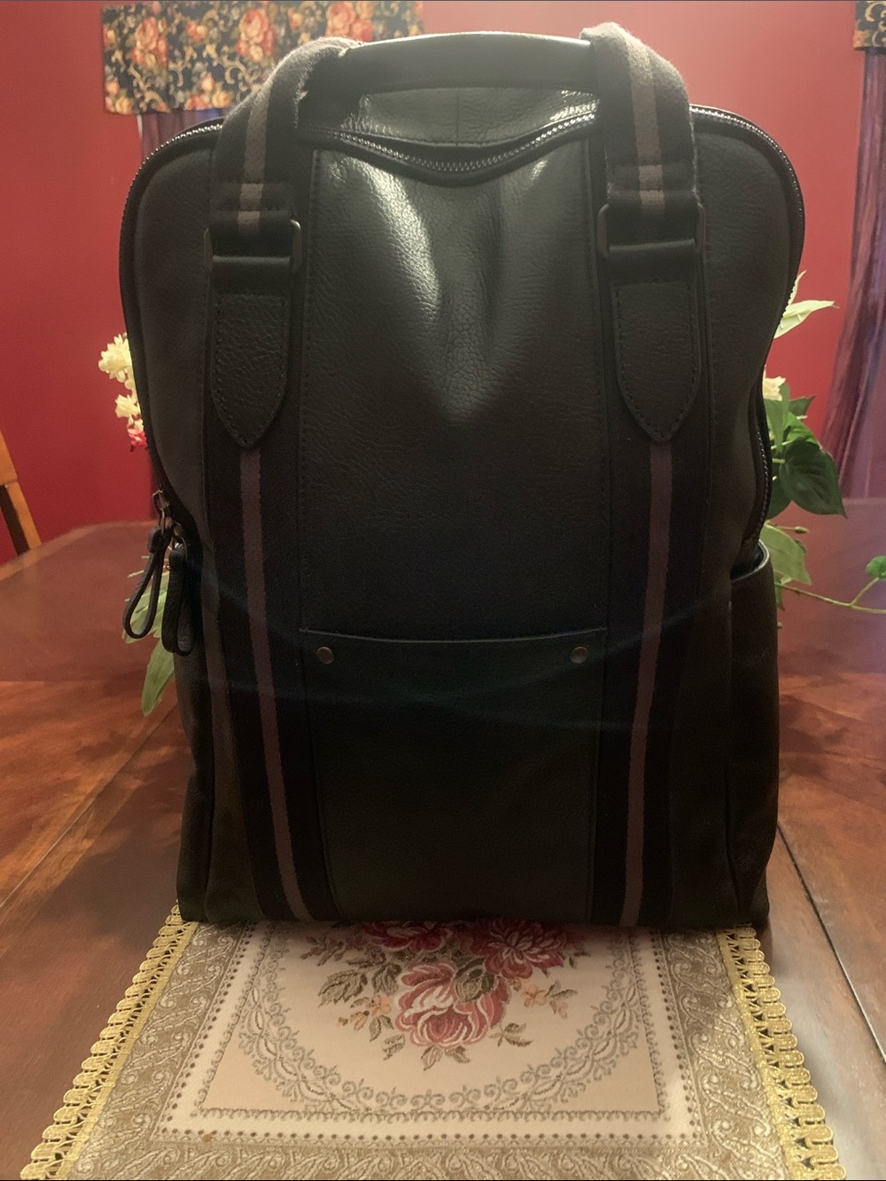 Fossil Black Leather Backpack with Striped Webbing